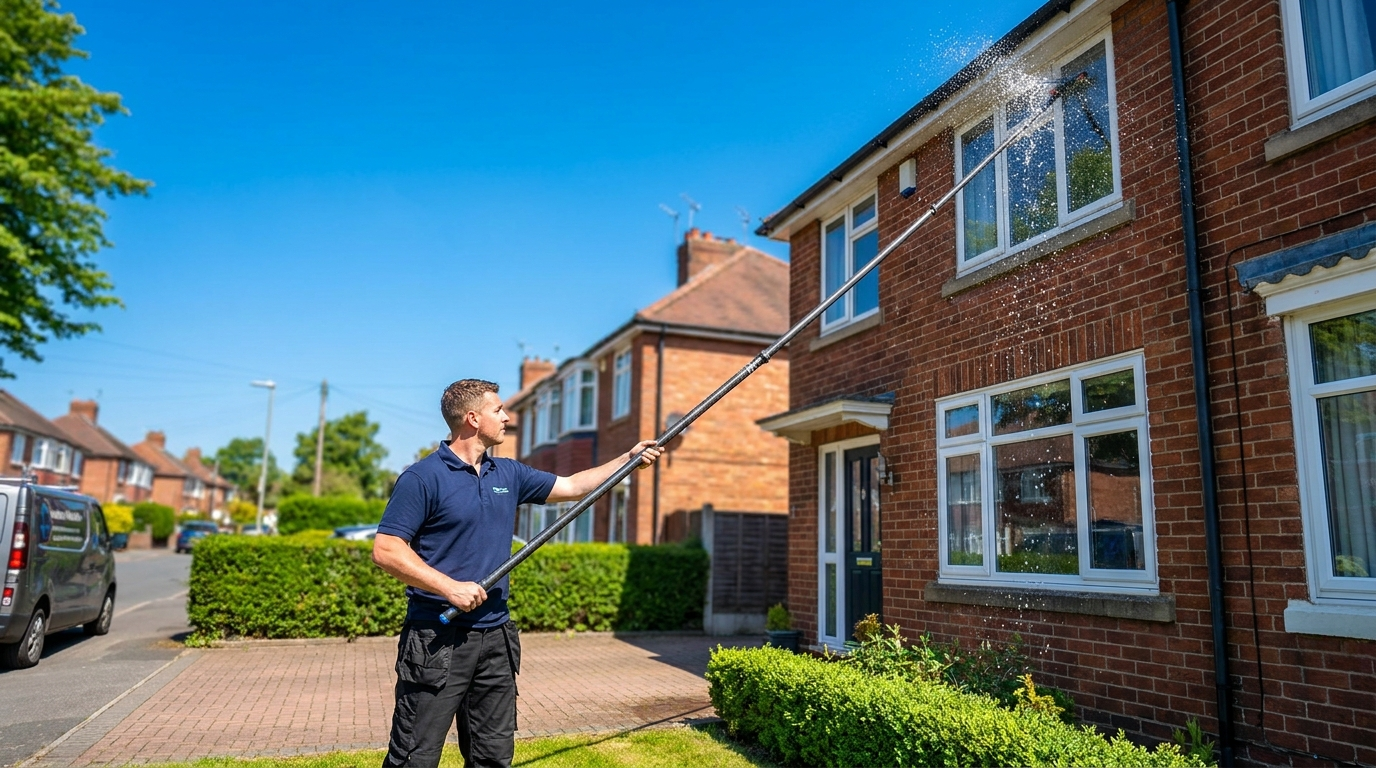 Pure-Tech window cleaner using a water-fed pole on a Nottingham home